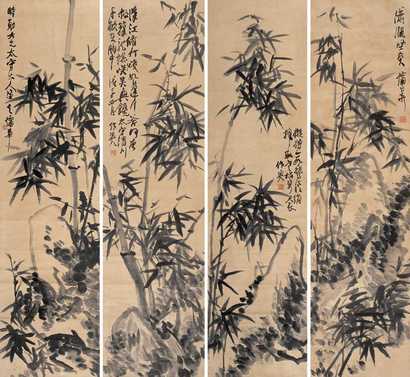 蒲华 戊子（1888年）作 竹石 四屏